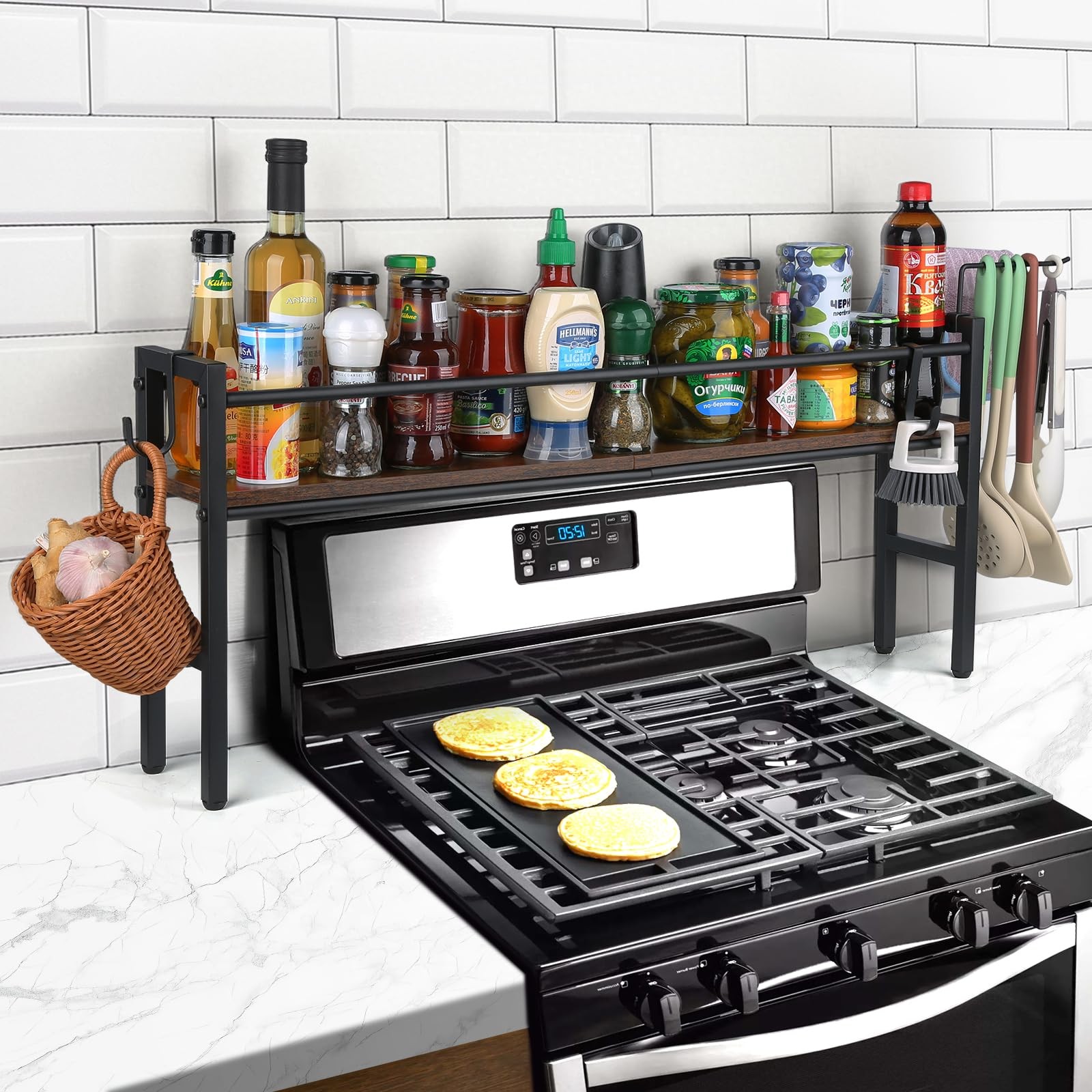 Spice Rack Shelf for Kitchen Stove, Over the Stove Shelf with 4 Hooks Extra S...