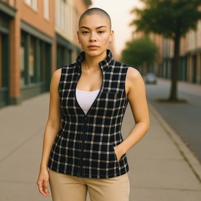 Croft & Barrow Ladies' Petite Black Plai Sleeveless Zip Front Quilted Vest Size