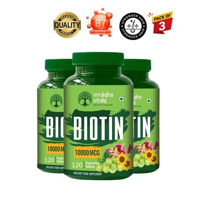 3x VRUKSHA.VITALS Biotin 10000mcg 120 Tablets
