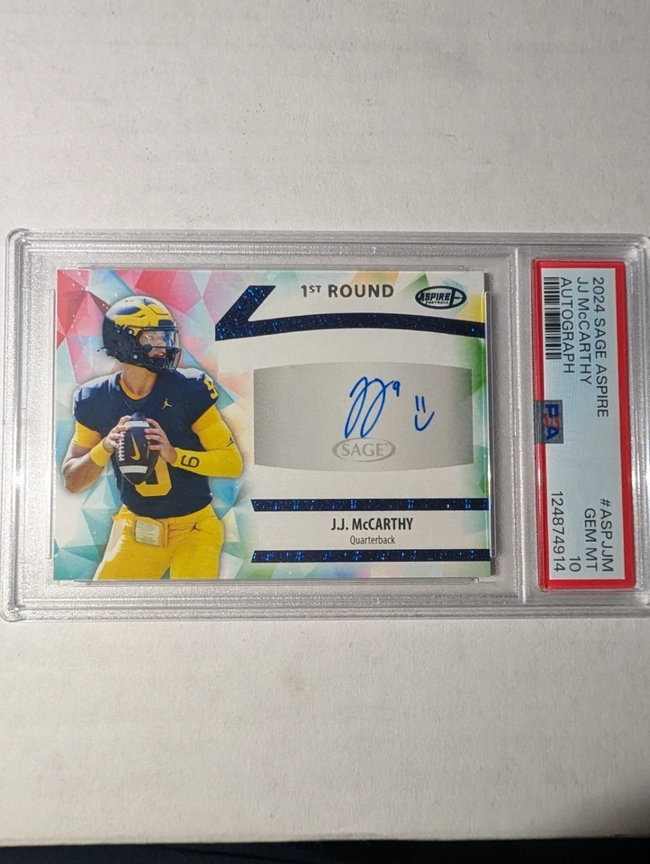 JJ McCarthy 2024 SAGE Aspire Auto Blue Foil Autograph PSA Gem MT 10 - Image 2 of 3