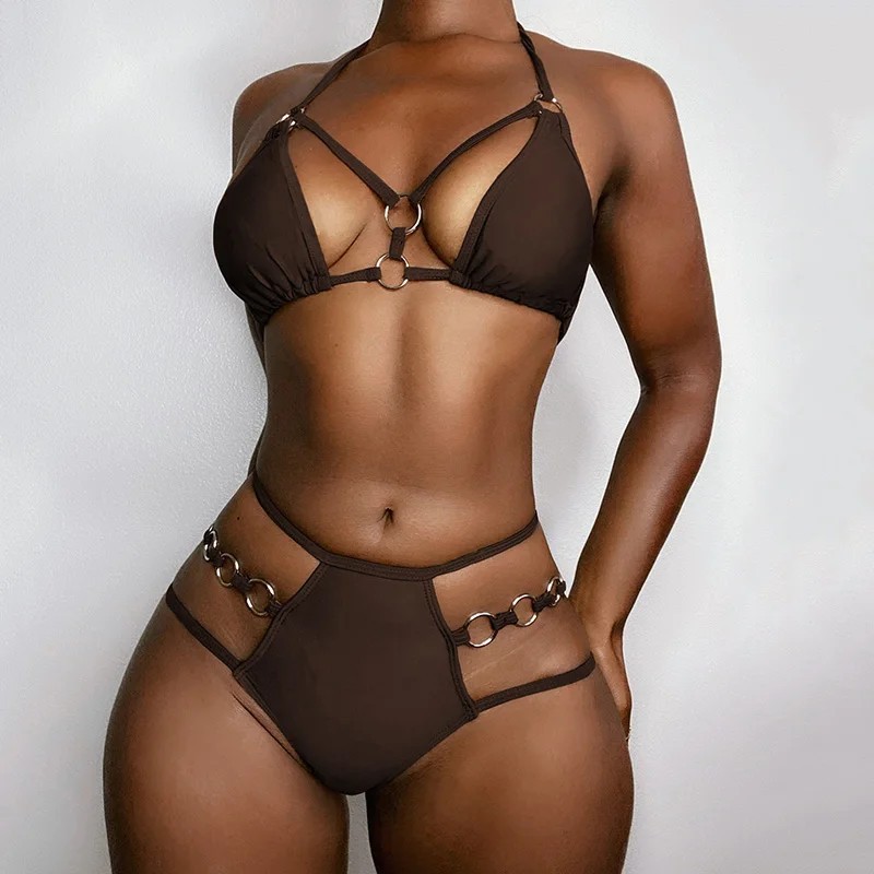 Maillot De Baño Bikini Tanga 2 Piezas Marrón Mujer Push Up Con Anillos Metal