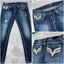 Vigoss Chelsea Skinny Stretch Jeans Sz 32 Womens Dark Wash Distressed Embellish