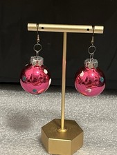 Pink Shiny Polka Dot Christmas Tree Ornament Ball Earrings