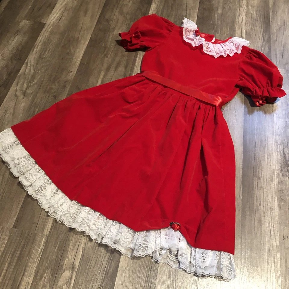 VTG Red Velveteen Lace Bow Dress Girl’s Sz 14 Holiday Christmas Jo Lene USA 80’s - Image 2 of 4