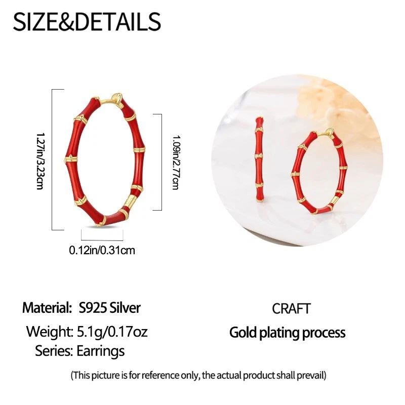 PANDACH 925 Sterling Silver Red Bamboo Segment Statement Hoop Earrings For Women - Image 2 of 4