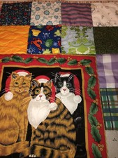 Handmade Christmas Cats Quilted Lap Blanket 48 x39 Cotton Squares