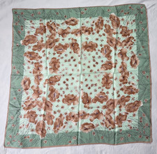 Vintage Vera Neumann Green Brown Floral Square Silk Scarf Border 31x31 Japan