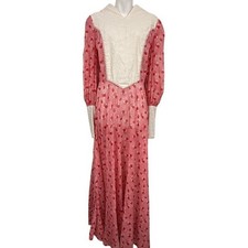 Vintage Prairie Womens Red Embroidered Puff Sleeve Maxi Dress 70s Cottagecore S