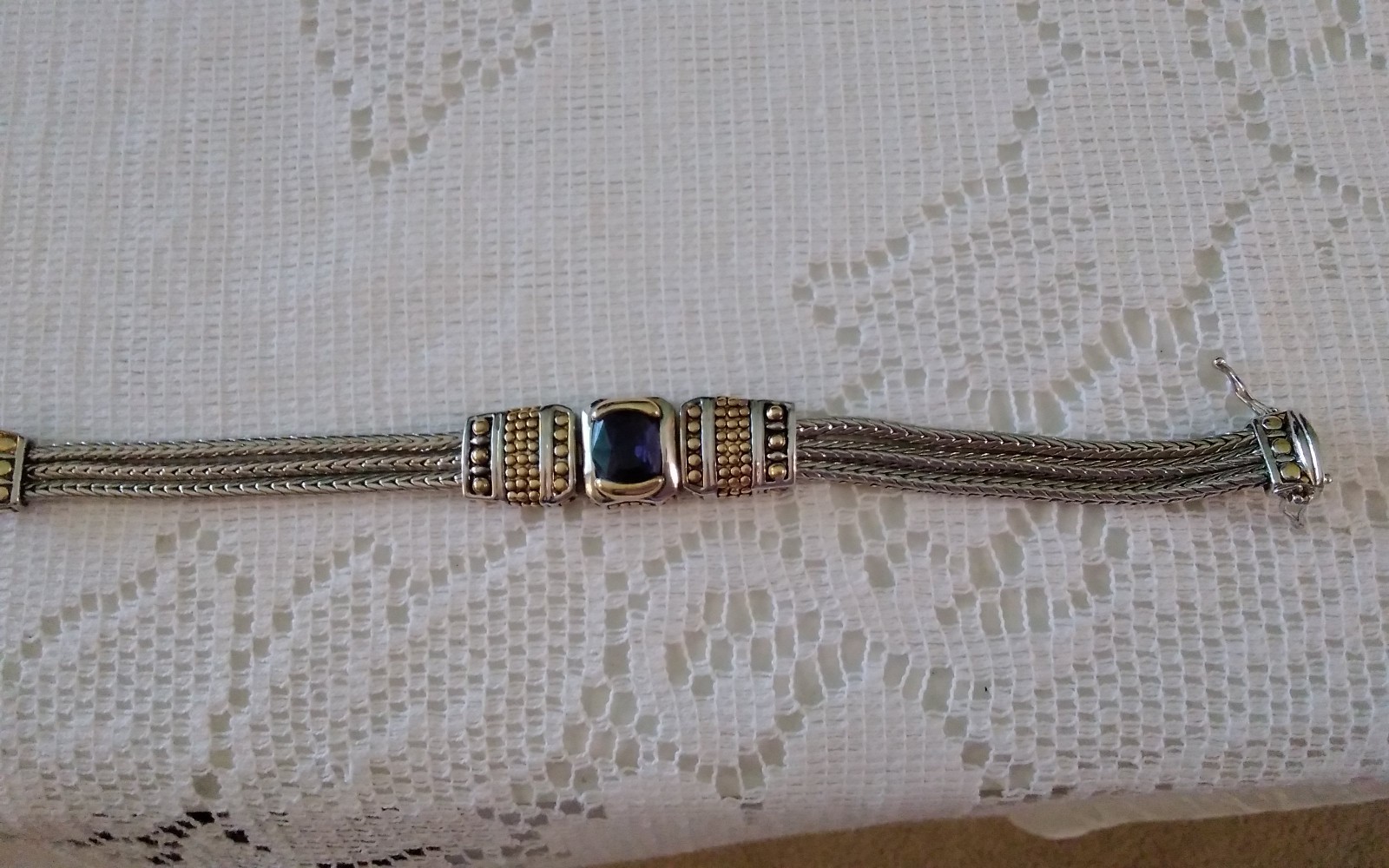 Silver & Gold Rope Bracelet with Black Stone - Magnetic Closure - 7 Inch-image