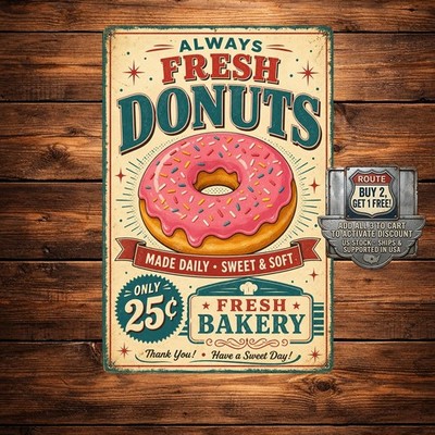 Sweet Donut Bakery Always Fresh Treats Pastry Shop Decor Metal Sign