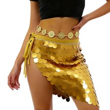 's Sequin Belly Dance Mini Hip Scarf, Sparkly Mermaid Wrap Skirt with Gold Ch...