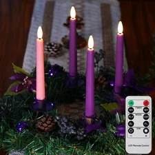 4 Set 8-inch Flameless LED Advent Taper Candles, Battery, Remote, Timer, Flicker