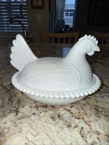 Vintage Milk Glass Hen Covered Dish