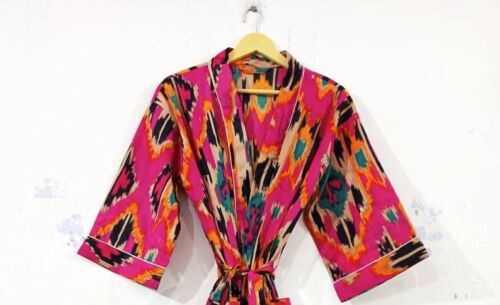 Indian Pink IKAT Cotton Robes Long Kimono Sleepwear cotton Night Suits Kimono US - Picture 1 of 3