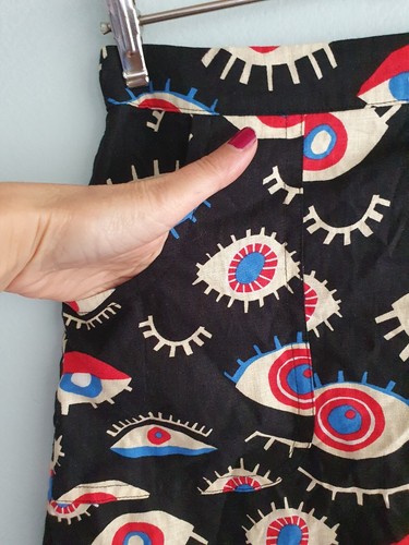 Dangerfield Mini Skirt Womens size 8 Evil Eye Print A-Line Linen Blend Retro - Picture 3 of 12
