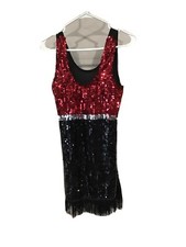 Womens Black/red/silver Sequinned Flapper Dress With Fringe One Size