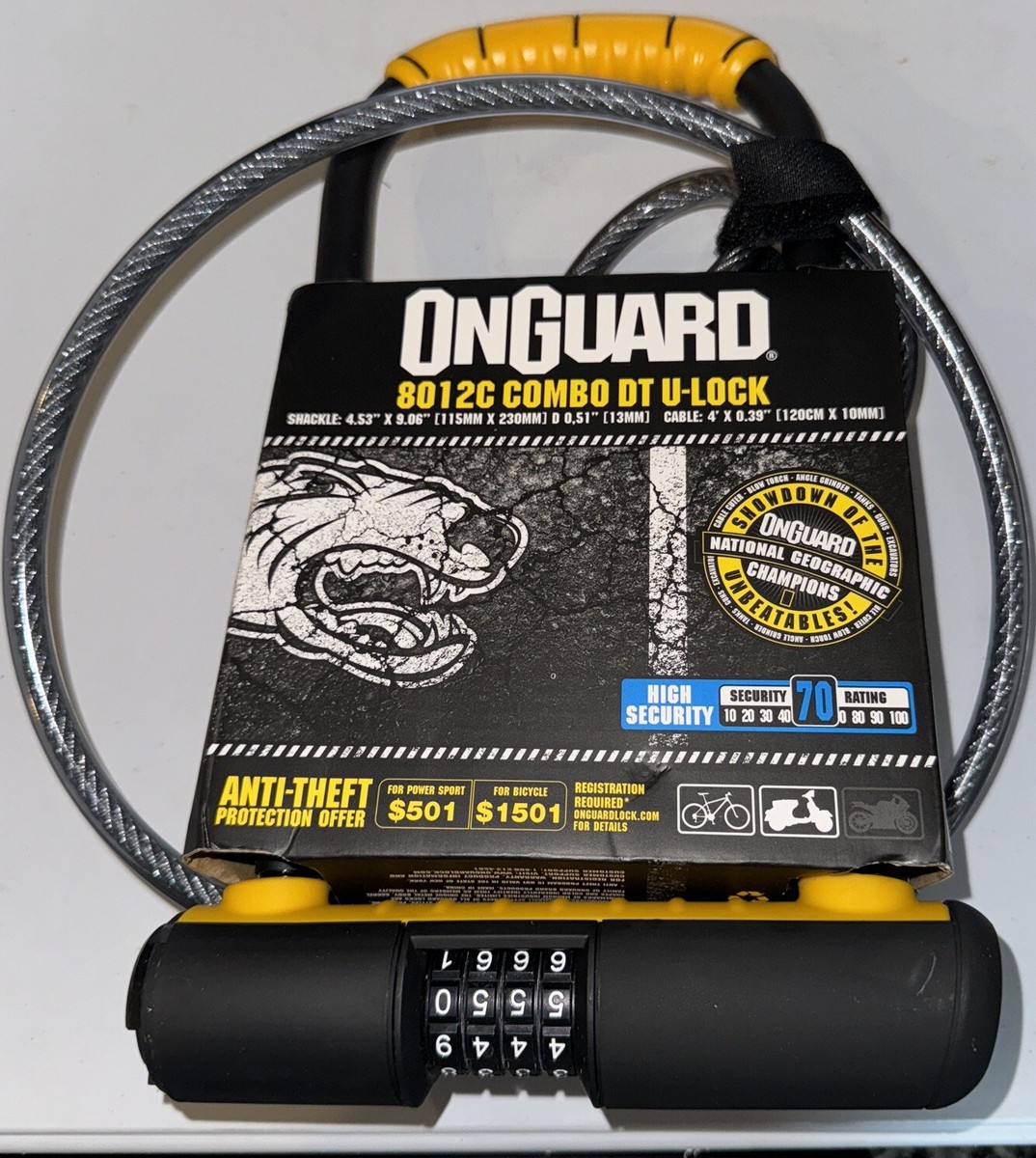 ONGUARD LOCK OG U 8012C BULLDOG DT STD COMBO 5x9/10mmx4ftCBL