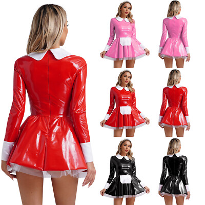 leather maid dress Womens Uniform Costume Outfit Sexy Patent With Headband Apron Hot selling homecoming dress