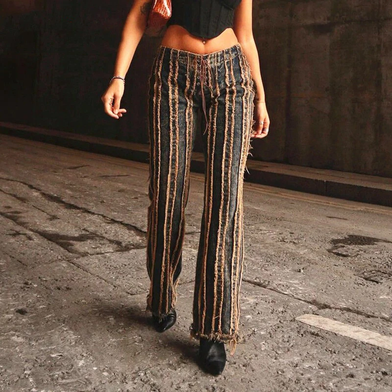 Vintage 90s Aesthetic Tassel Jeans Hippie Retro Stitched Straight Leg Pants