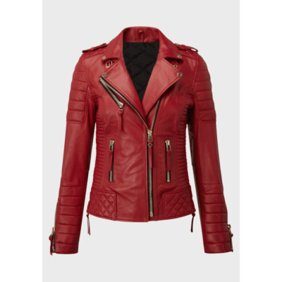 New Women Double Breast Jacket 100% Genuine Red Lambskin Leather Biker Collectio