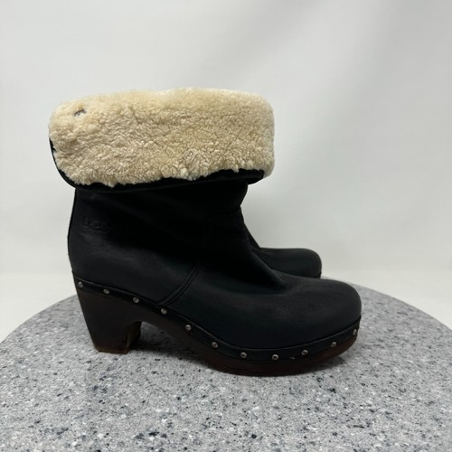 UGG Boots Womens 6 Black Leather Shearling Fur Lined Lynnea Booties Platform 37