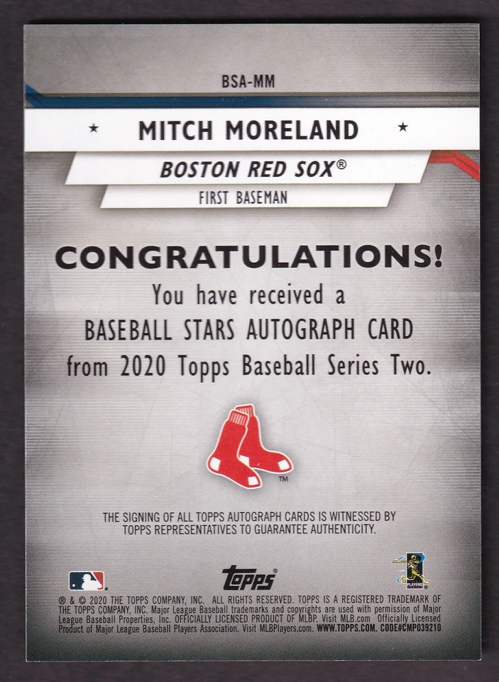 Mitch Moreland 2020 Topps Series 2 Baseball Stars Black Autograph Red Sox /199 - Image 2 of 2
