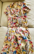 Liz Claiborne Linen Skirt Set Top Paris Market Print  Resort Travel 10 Petite 12
