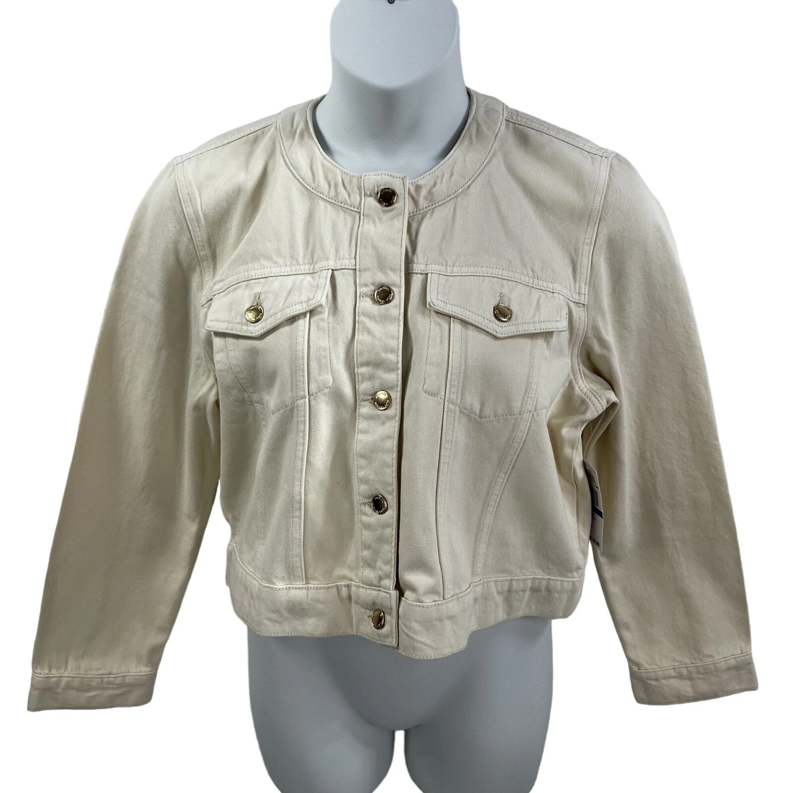 Giacca jeans ritagliata Michael Kors donna XL magnolia oro denim minimalista nuova con etichette