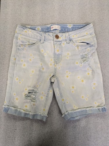 SO Jean Shorts Girls Size 14 Denim 7.5" Rise Stretch Waist Cuffed Daisy 7" In
