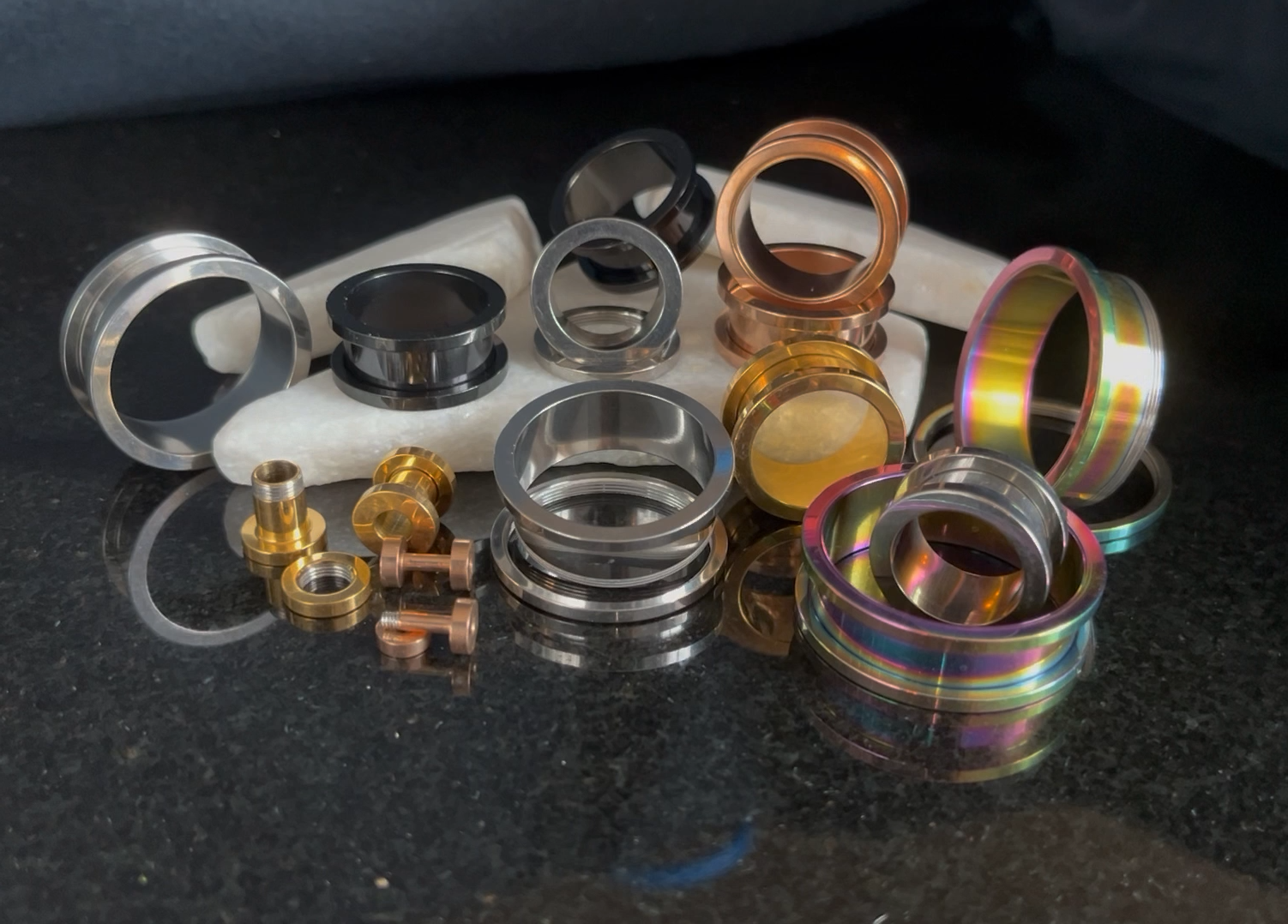 Black and Gold nternally Threaded Steel Tunnels from Plug Your Holes Black and Gold nternally Threaded Steel Tunnels from Plug Your Holes