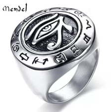 MENDEL Mens Egyptian Evil Eye of Horus Ra Ring Silver Stainless Steel Size 7-15