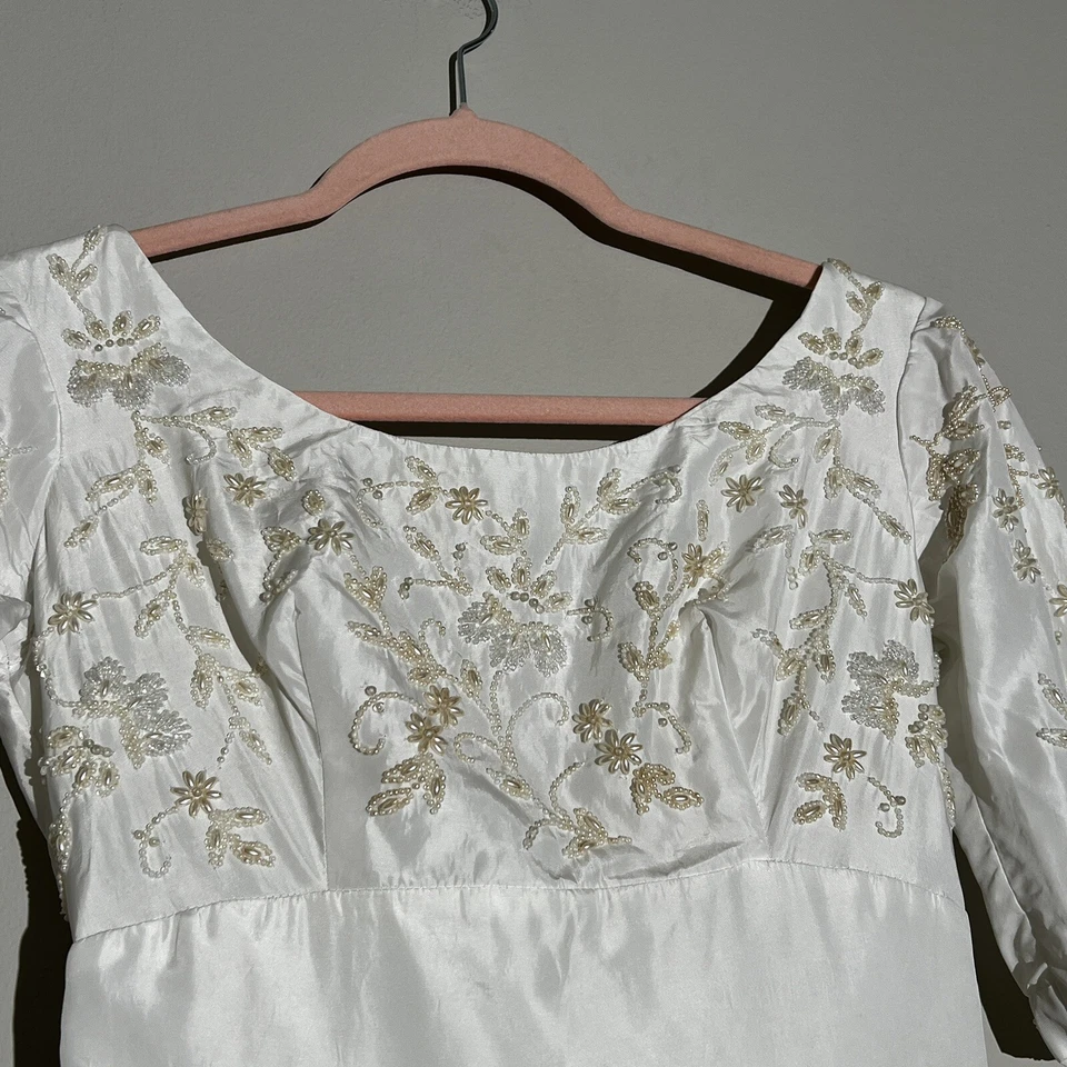 Vestido de novia clásico vintage años 60 MCM blanco perla cuentas bullicioso nupcial XXS Foto 4 de 4