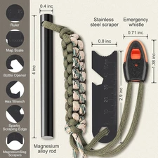 Survival Fire Starter with Paracord – 4" Ferro Rod & Flint Steel Kit for Camping