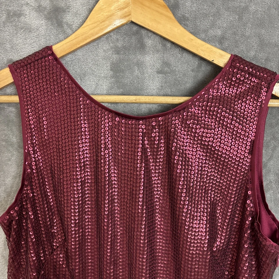 Vestido Jessica Simpson Mujer 6 Granate Lentejuelas Plumas Años 20’s Aleta Cóctel Foto 3 de 4