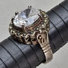 Vintage Sterling Silver Marcasite Ring Oval Clear Glass Cocktail Size 8