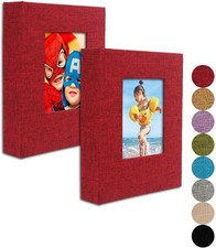 Small Photo Album 4x6   Clear Pages Red Fabric, Linen Cover with Front Window, P