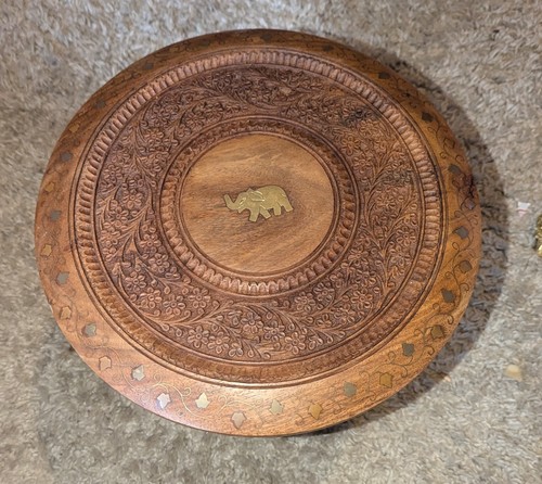 Vintage Carved Wood and Brass Indian Table Plant Stand Elephant Folding - Picture 3 of 24