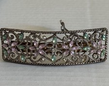 Vintage Pink Rhinestone Flower Silver Tone Metal Hair Barrette Pre-Owned
