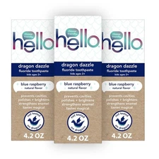 Pack of 3 hello Dragon Dazzle Blue Raspberry Kids Toothpaste, Fluoride