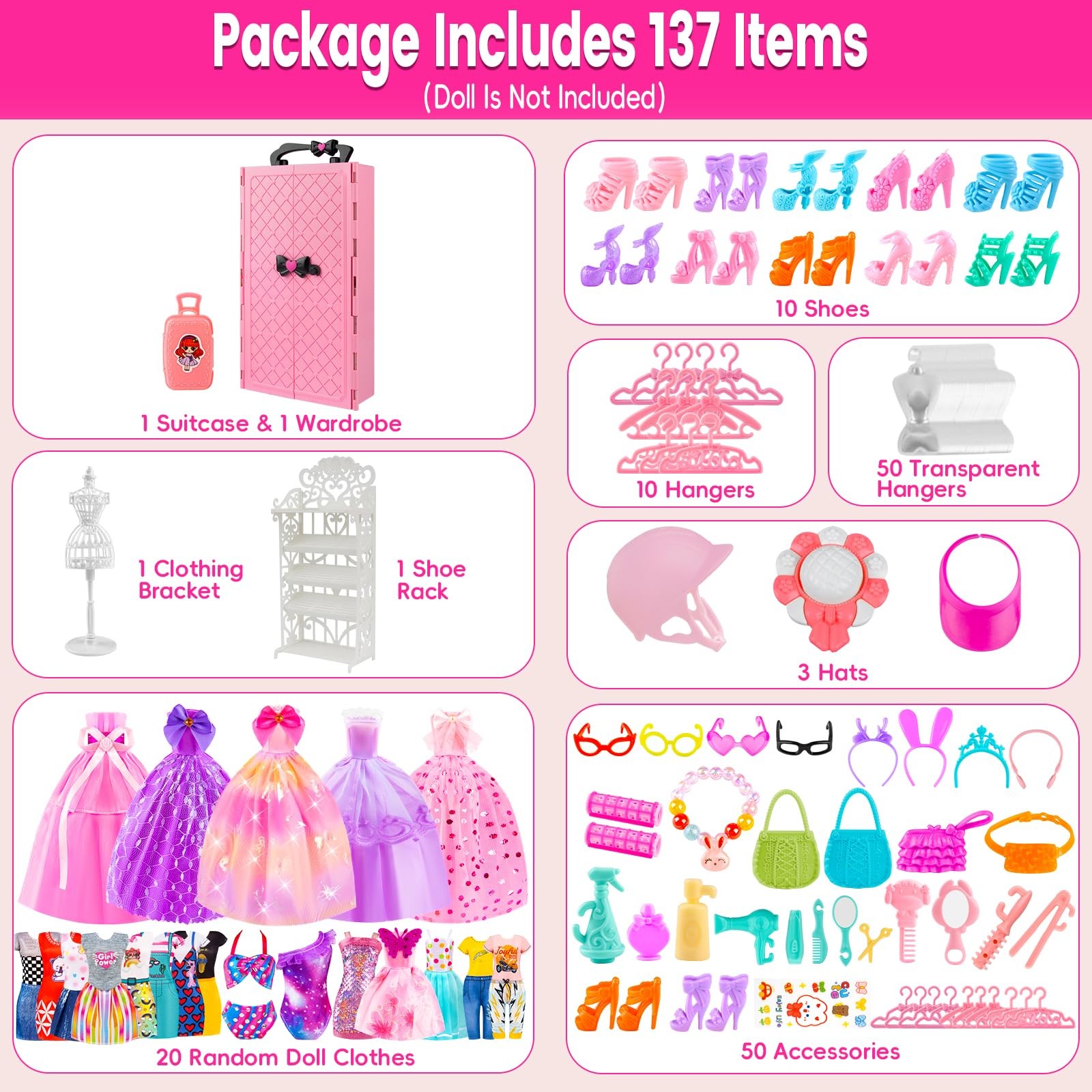 137 Pcs Doll Closet Playset Clothes and Accessories for 11.5 Inch Dolls, Incl...