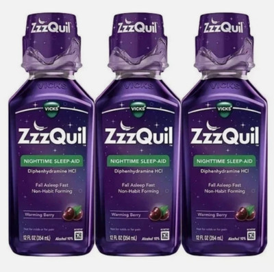 3x ZzzQuil, Sleep Aid, Nighttime Sleep Aid Liquid, Warming Berry Flavor, 12 FL O