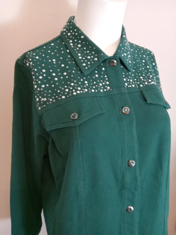 quacker factory Dream Jeannes Green Studded Button Down Collared Jacket Size 2x - Image 2 of 4