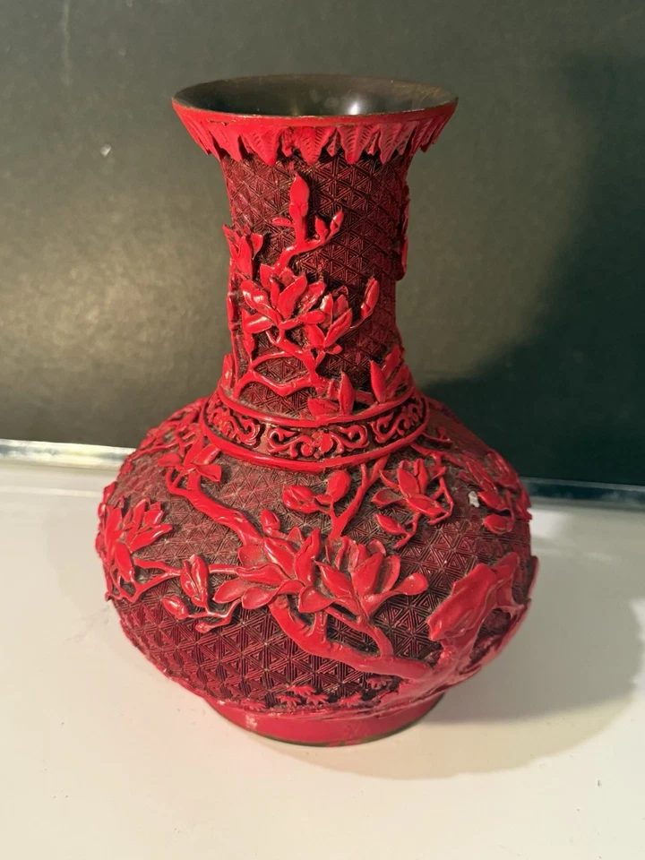 Jarrón Yuhu chino vintage de laca de cinabrio rojo arte y diseño Yun Kang #G Foto 4 de 4
