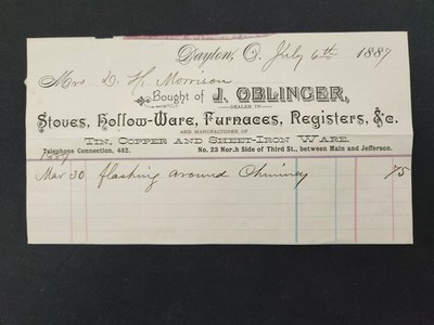 1887 antique J OBLINGER dayton oh STOVES TINWARE BILLHEAD Mrs D H MORRISON