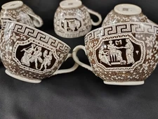 Set of 6 Spode Greek Revival Teacups – Black Transferware with Classical Scene –