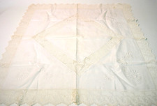 Vintage 28" Square White Table Topper Hand Crochet Embroidery