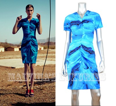 VERA WANG DRESS BLUE WAVE PRINT SILK RUCHING DETAIL $1,295 sz 4