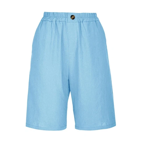 Pantalones cortos para mujer color liso bolsillo abotonado capris cintura elástica sueltos - Imagen 30 de 66