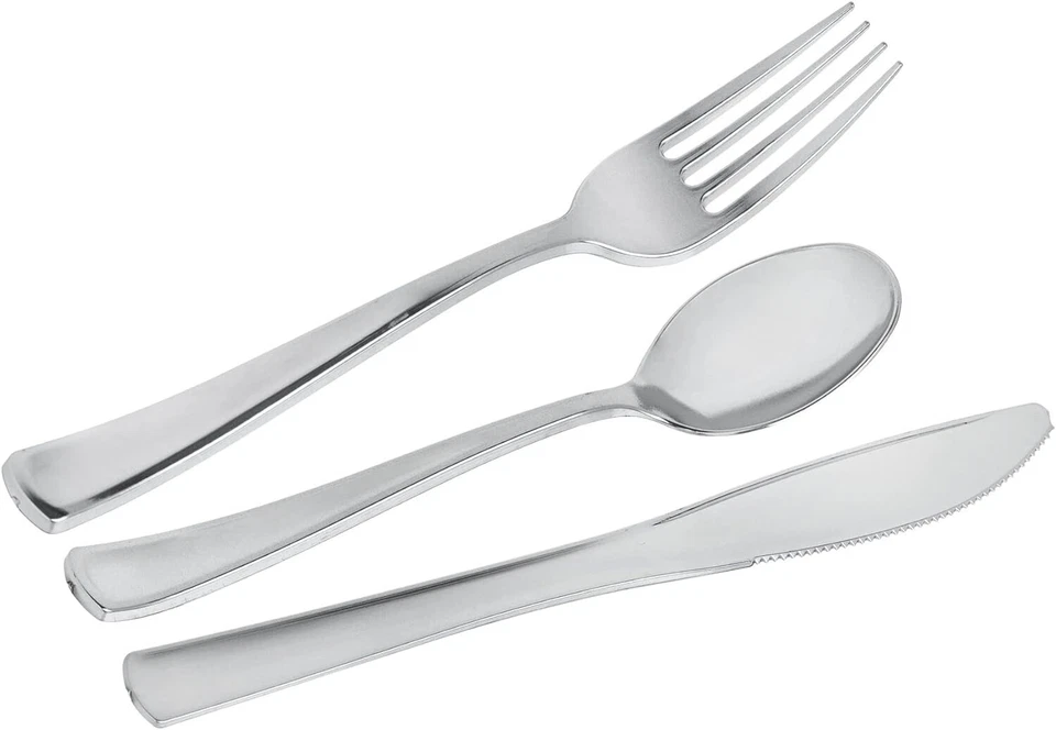 Set Posate Argento 120 Pezzi In Plastica Dura Elegante Matrimoni Feste Eventi - Immagine 2 di 4