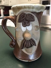 Vintage Ugly Funny 3D Face Mug Cup Stoneware Pottery Mustache Folk Art 1983